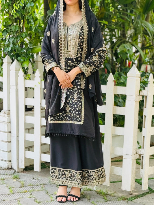 DESIGNER WEAR SEQUENCE EMBROIDERY ON STAR FOX GEORGETTE FABRIC TOP AND PLAZZO WITH DUPATTA WHOLESALE GEELAN FASHION SURAT