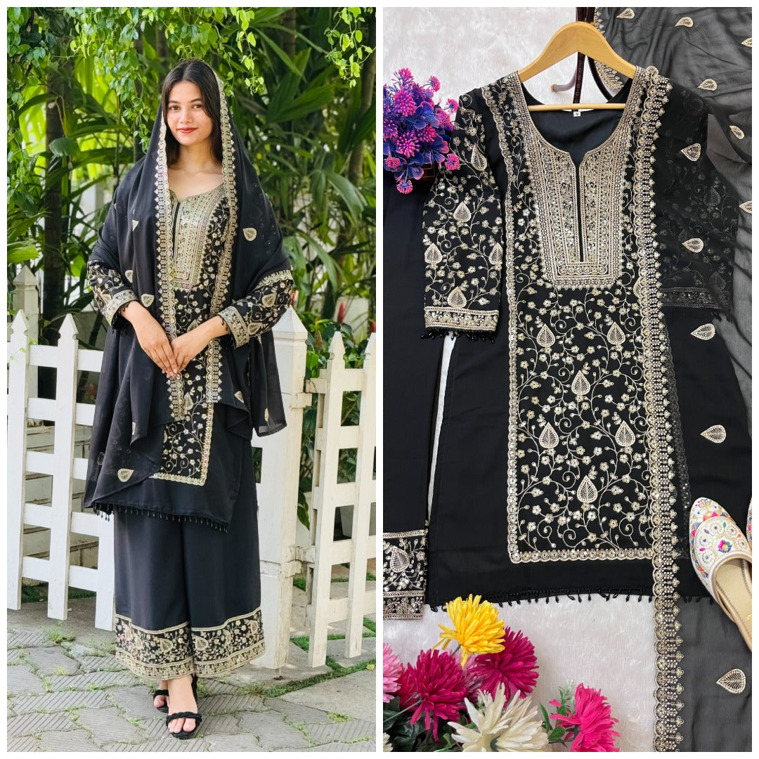 DESIGNER WEAR SEQUENCE EMBROIDERY ON STAR FOX GEORGETTE FABRIC TOP AND PLAZZO WITH DUPATTA WHOLESALE GEELAN FASHION SURAT