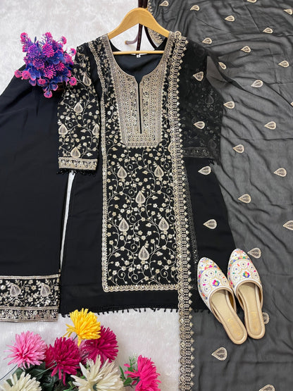 DESIGNER WEAR SEQUENCE EMBROIDERY ON STAR FOX GEORGETTE FABRIC TOP AND PLAZZO WITH DUPATTA WHOLESALE GEELAN FASHION SURAT