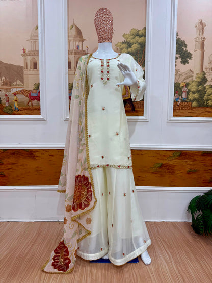 3 PIECES KURTI, PLAZZO & DUPATTA WITH EMBROIDERY WORK & FOIL PRINT DUPATTA WHOLESALE GEELAN FASHION SURAT