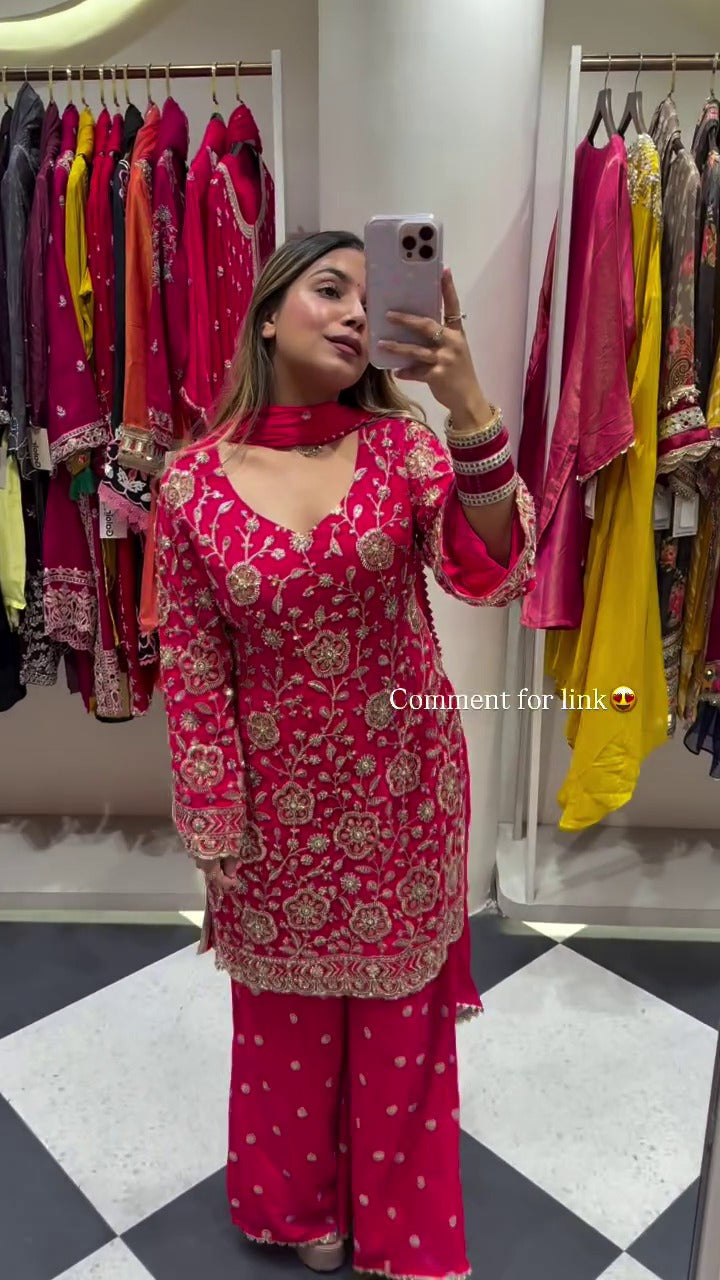 FESTIVAL SPECIAL SEQUENCE EMBROIDERY ON SILK FABRIC TOP AND PLAZZO WITH DUPATTA SET WHOLESALE GEELAN FASHION SURAT