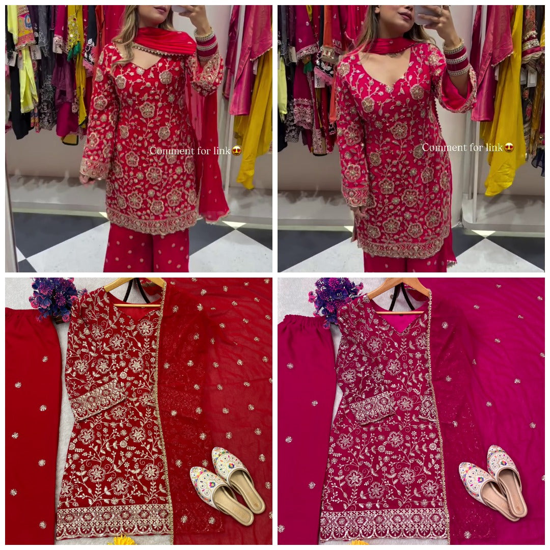 FESTIVAL SPECIAL SEQUENCE EMBROIDERY ON SILK FABRIC TOP AND PLAZZO WITH DUPATTA SET WHOLESALE GEELAN FASHION SURAT