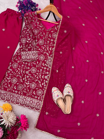 FESTIVAL SPECIAL SEQUENCE EMBROIDERY ON SILK FABRIC TOP AND PLAZZO WITH DUPATTA SET WHOLESALE GEELAN FASHION SURAT