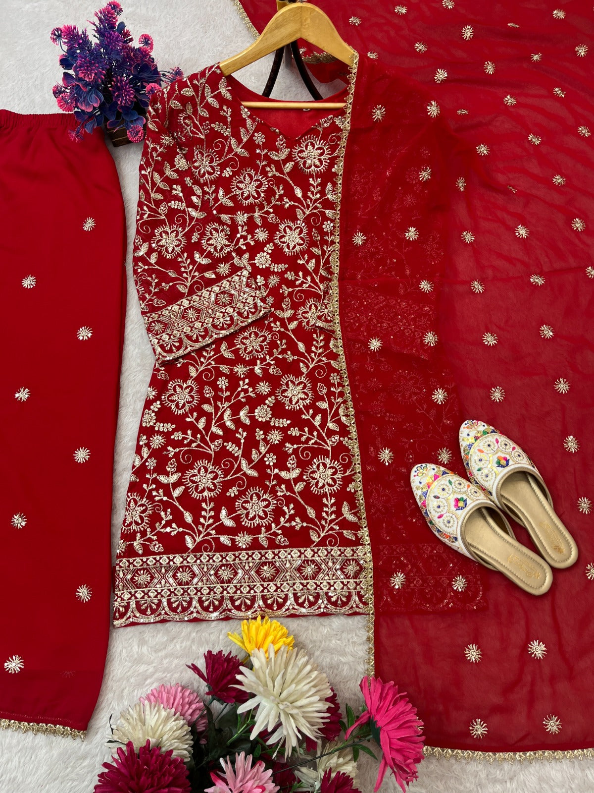 FESTIVAL SPECIAL SEQUENCE EMBROIDERY ON SILK FABRIC TOP AND PLAZZO WITH DUPATTA SET WHOLESALE GEELAN FASHION SURAT