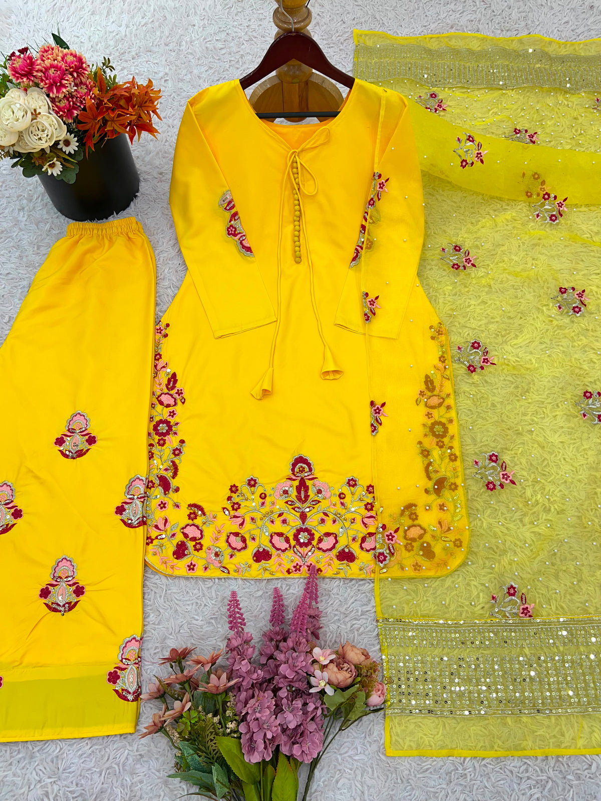 NEW DESIGNER COLLECTION IN NATURAL CREP SILK TOP-BOTTOM AND DUPATTA SET FULLY STITCHED READY TO WEAR WHOLESALE GEELAN FASHION SURAT