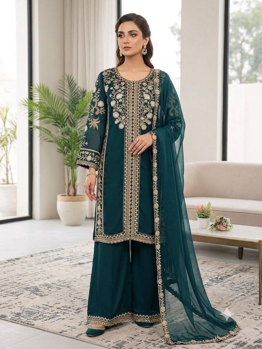 WEDDING SEASON WEAR OUR BEAUTIFUL SEQUENCE EMBROIDERED WORKED TOP , PLAZZO WITH DUPATTA WHOLESALE GEELAN FASHION SURAT