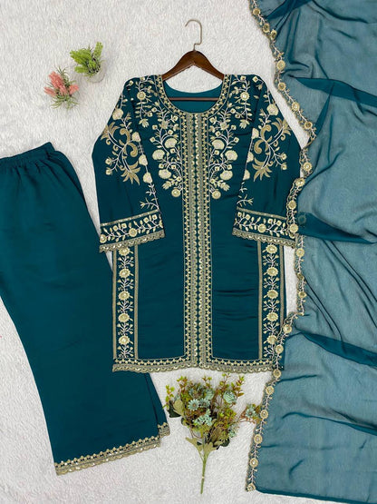 WEDDING SEASON WEAR OUR BEAUTIFUL SEQUENCE EMBROIDERED WORKED TOP , PLAZZO WITH DUPATTA WHOLESALE GEELAN FASHION SURAT