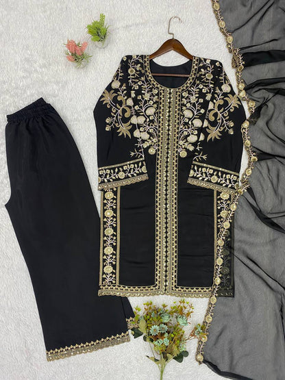 WEDDING SEASON WEAR OUR BEAUTIFUL SEQUENCE EMBROIDERED WORKED TOP , PLAZZO WITH DUPATTA WHOLESALE GEELAN FASHION SURAT