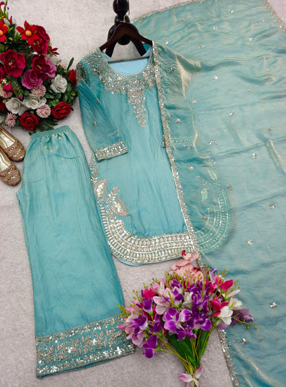 NEW DESIGN TRENDING ZMY-CHU SILK    *TOP&PALAZZO&DUPATTA      REDDY TO WEAR LOOK DESIGN WHOLESALE GEELAN FASHION SURAT