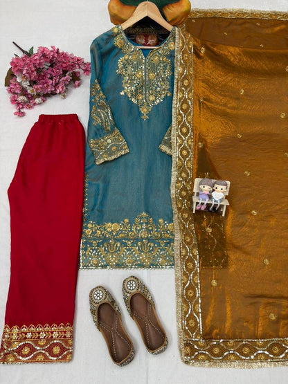 ENHANCE THE BEAUTY OF YOUR WARDROBE WITH THIS NEWLY LAUNCHED KURTI PANT SET WITH BEAUTIFUL FRENDY SILK DUPATTA WHOLESALE GEELAN FASHION SURAT