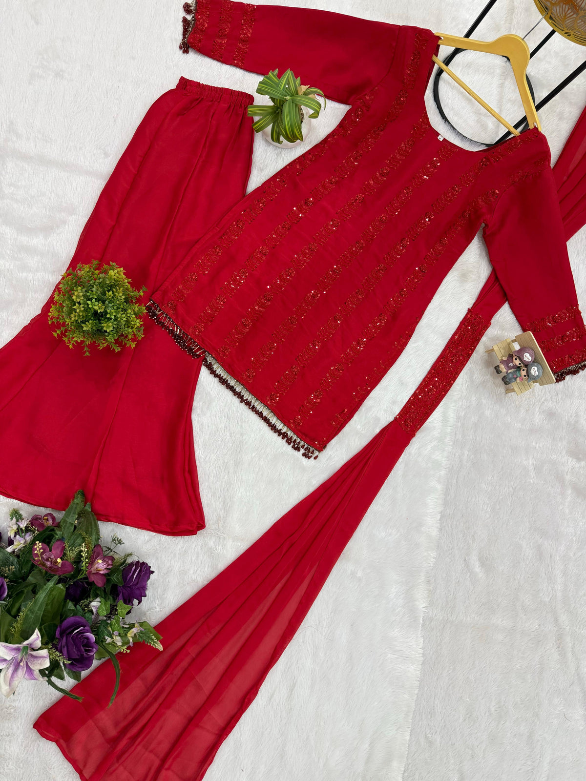 3 PIECES KURTI, PLAZZO & DUPATTA WITH ORIGINAL BEADS CUT DANA WORK WHOLESALE GEELAN FASHION SURAT