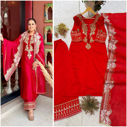 DESIGNER BEADS WORK ON NECK AND SEQUENCE EMBROIDERED WORKED TOP, PLAZZO WITH DUPATTA WHOLESALE GEELAN FASHION SURAT
