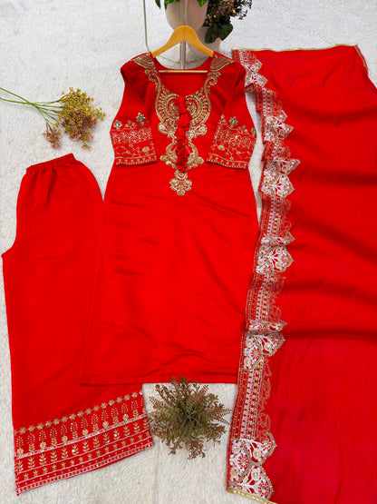 DESIGNER BEADS WORK ON NECK AND SEQUENCE EMBROIDERED WORKED TOP, PLAZZO WITH DUPATTA WHOLESALE GEELAN FASHION SURAT