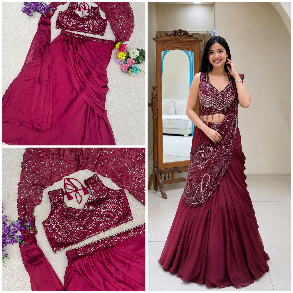READY IN OUR NEW TRENDING LEHENGA STYLE SAREE WITH BLOUSE  SET  WITH EMBROIDERY WORK DETAILING. WHOLESALE GEELAN FASHION SURAT