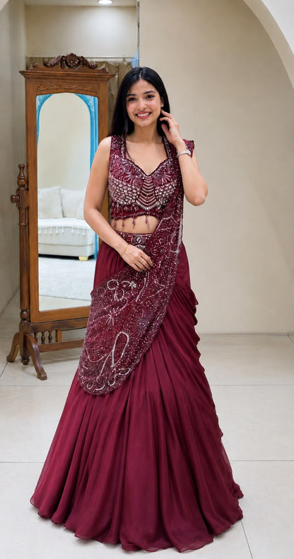 READY IN OUR NEW TRENDING LEHENGA STYLE SAREE WITH BLOUSE  SET  WITH EMBROIDERY WORK DETAILING. WHOLESALE GEELAN FASHION SURAT