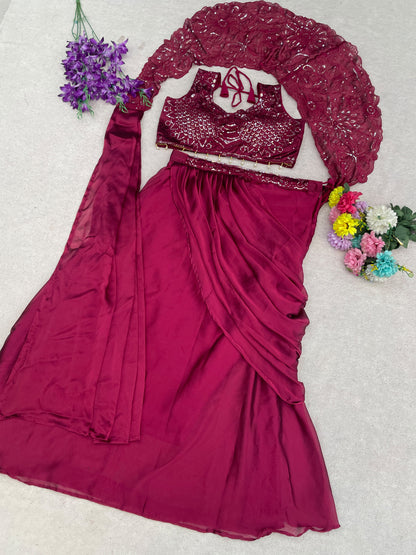 READY IN OUR NEW TRENDING LEHENGA STYLE SAREE WITH BLOUSE  SET  WITH EMBROIDERY WORK DETAILING. WHOLESALE GEELAN FASHION SURAT