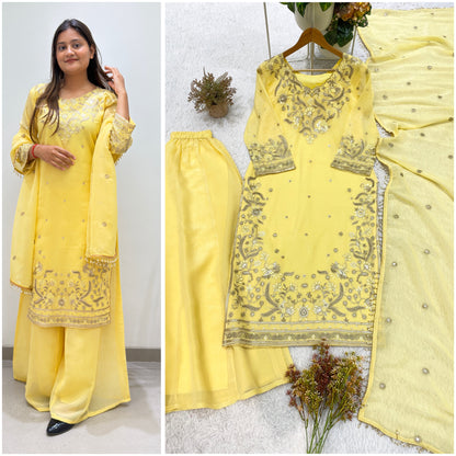 DESIGNER SEQUENCE EMBROIDERED WORKED TOP, PLAZZO WITH DUPATTA WHOLESALE GEELAN FASHION SURAT