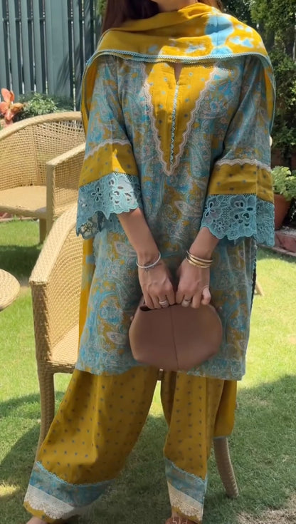 ĐĚSIGNER PARTY WEAR LOOK PUR PRINTED CAMBRIC COTTON TOP & FARSHI PALAZZO WITH DUPATTA SET WHOLESALE GEELAN FASHION SURAT