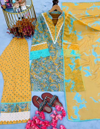 ĐĚSIGNER PARTY WEAR LOOK PUR PRINTED CAMBRIC COTTON TOP & FARSHI PALAZZO WITH DUPATTA SET WHOLESALE GEELAN FASHION SURAT