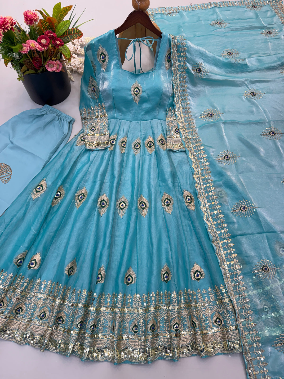 DESIGNER GOWN WITH HEAVY SEQUENCE EMBROIDERY WORK DUPATTA WHOLESALE GEELAN FASHION SURAT