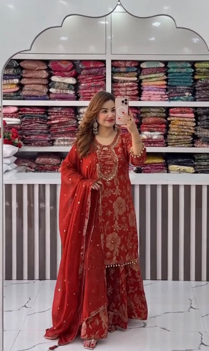 KURTI PLAZZO WITH FRONT & BACK HEAVY EMBROIDERY & REAL MIRROR  WORK ON FAUX GEORGETTE FABRIC WHOLESALE GEELAN FASHION SURAT