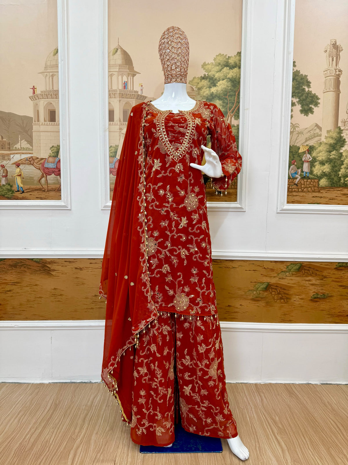 KURTI PLAZZO WITH FRONT & BACK HEAVY EMBROIDERY & REAL MIRROR  WORK ON FAUX GEORGETTE FABRIC WHOLESALE GEELAN FASHION SURAT