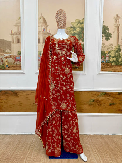 KURTI PLAZZO WITH FRONT & BACK HEAVY EMBROIDERY & REAL MIRROR  WORK ON FAUX GEORGETTE FABRIC WHOLESALE GEELAN FASHION SURAT
