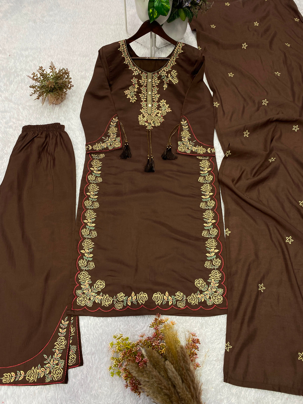 THIS WEDDING SEASON, TRY OUR DESIGNER EMBROIDERED WORKED TOP  PLAZZO SUIT WITH DUPATTA WHOLESALE GEELAN FASHION SURAT