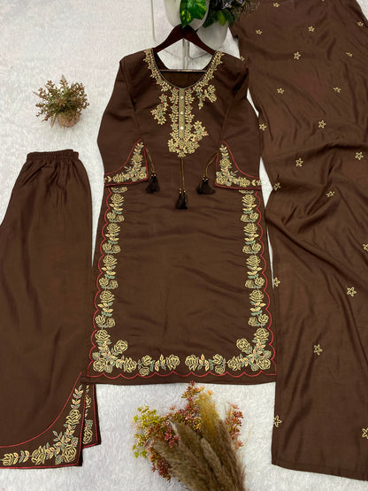 THIS WEDDING SEASON, TRY OUR DESIGNER EMBROIDERED WORKED TOP  PLAZZO SUIT WITH DUPATTA WHOLESALE GEELAN FASHION SURAT