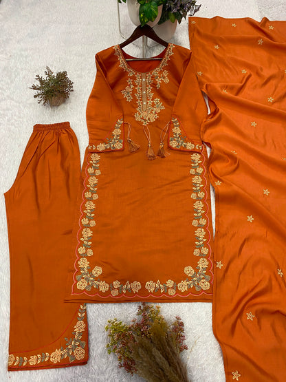 THIS WEDDING SEASON, TRY OUR DESIGNER EMBROIDERED WORKED TOP  PLAZZO SUIT WITH DUPATTA WHOLESALE GEELAN FASHION SURAT