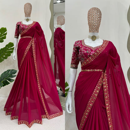 LOOKING SOME ONE FOR THIS SAME COLOUR BEAUTIFUL DESIGNER SAREE ON FAUX GEORGETTE FEBRIC WITH THRED & SEQUNCE WORK AND BLOUSE ON MONO BENGLORI SILK FEBRIC WITH THRED & SEQUNCE WORK. WHOLESALE GEELAN FASHION SURAT