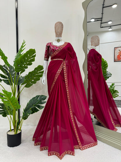 LOOKING SOME ONE FOR THIS SAME COLOUR BEAUTIFUL DESIGNER SAREE ON FAUX GEORGETTE FEBRIC WITH THRED & SEQUNCE WORK AND BLOUSE ON MONO BENGLORI SILK FEBRIC WITH THRED & SEQUNCE WORK. WHOLESALE GEELAN FASHION SURAT