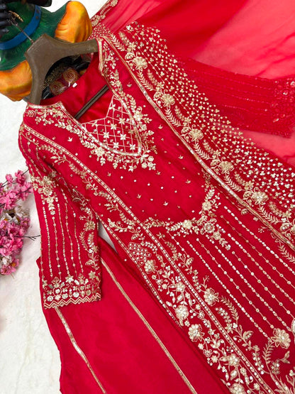 ENHANCE THE BEAUTY OF YOUR WARDROBE WITH THIS NEWLY LAUNCHED _ LONG KURTI WITH PLAZZO-AND DUPATTA WHOLESALE GEELAN FASHION SURAT