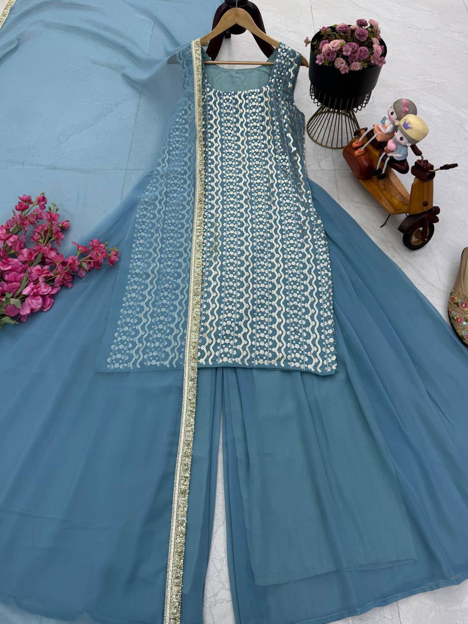 NEW DESIGNER PARTY TOP PALLAZO & DUPATTA SET WHOLESALE GEELAN FASHION SURAT