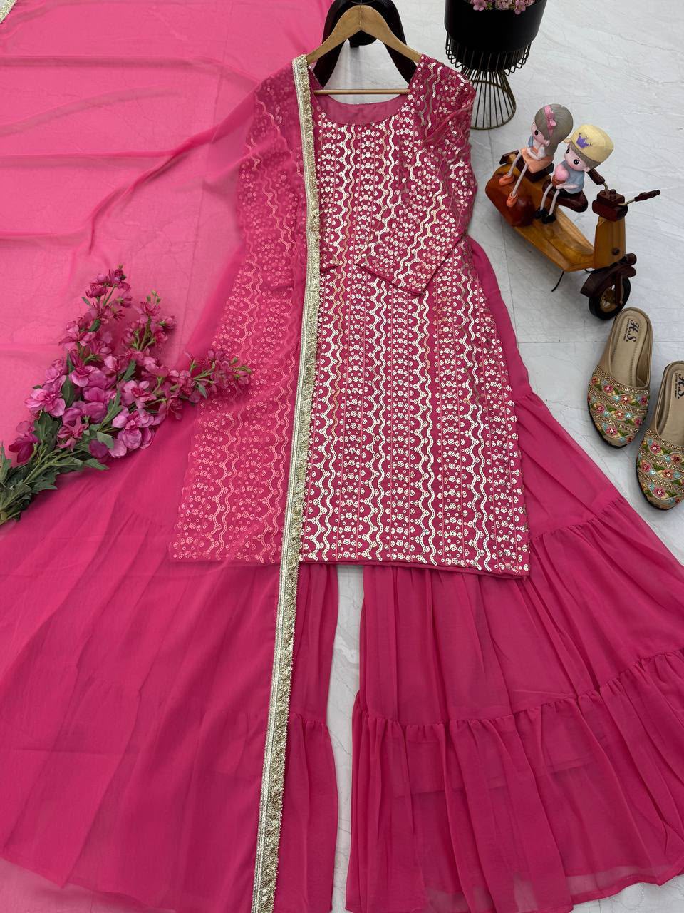 NEW DESIGNER PARTY TOP PALLAZO & DUPATTA SET WHOLESALE GEELAN FASHION SURAT