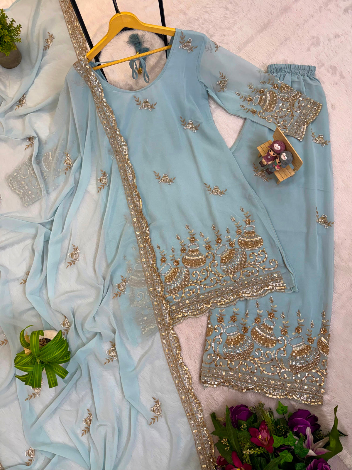 3 PIECES KURTI, PLAZZO & DUPATTA WITH ORIGINAL BEADS CUT DANA WORK WHOLESALE GEELAN FASHION SURAT