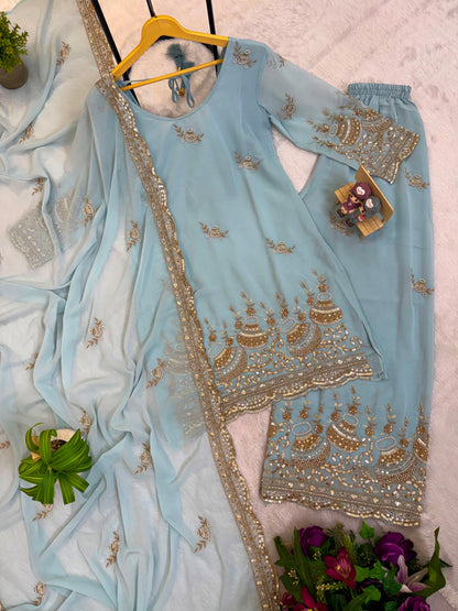 3 PIECES KURTI, PLAZZO & DUPATTA WITH ORIGINAL BEADS CUT DANA WORK WHOLESALE GEELAN FASHION SURAT