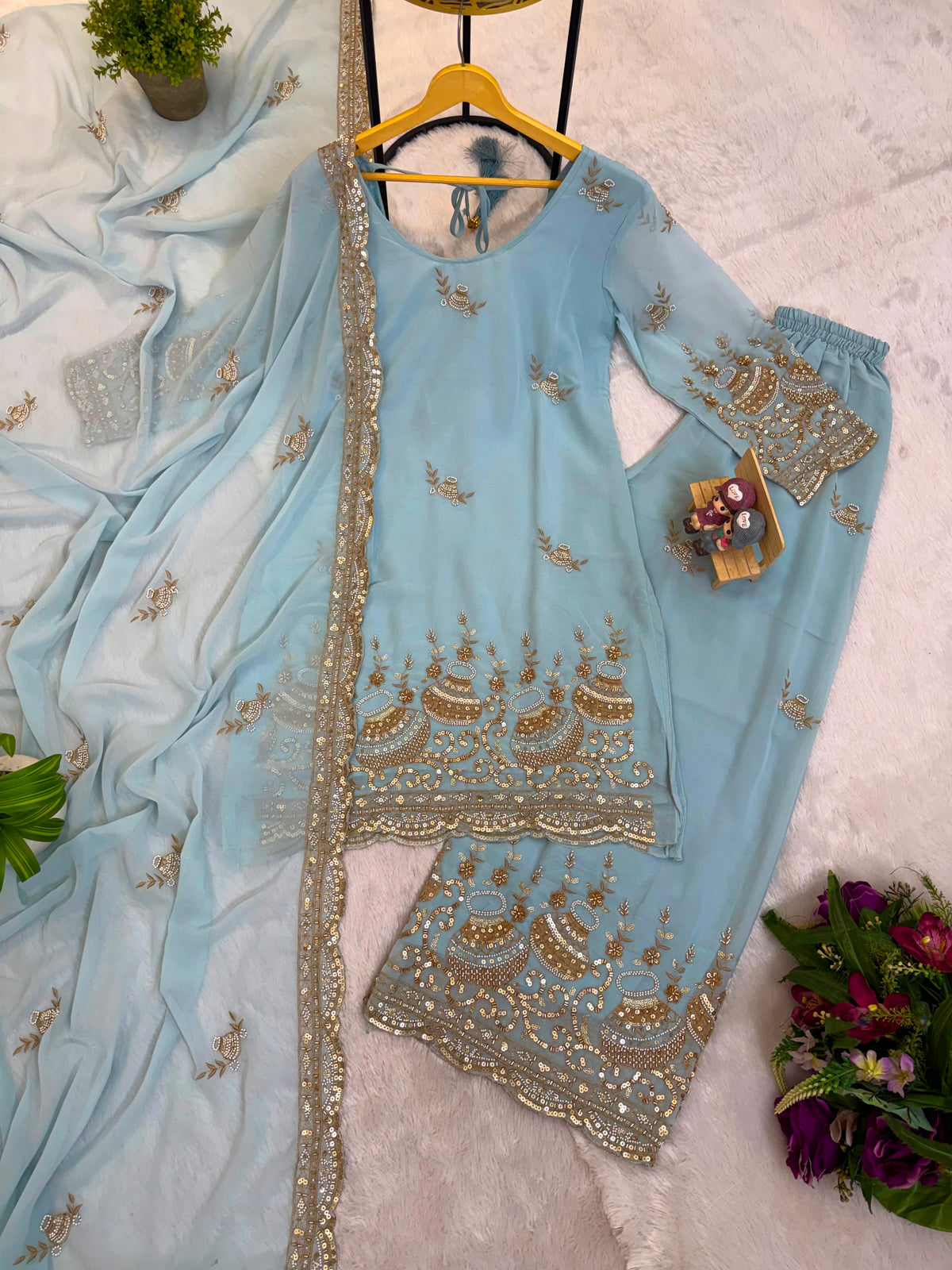 3 PIECES KURTI, PLAZZO & DUPATTA WITH ORIGINAL BEADS CUT DANA WORK WHOLESALE GEELAN FASHION SURAT