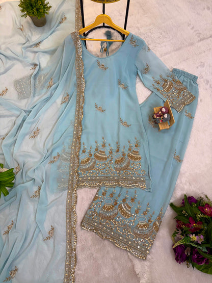 3 PIECES KURTI, PLAZZO & DUPATTA WITH ORIGINAL BEADS CUT DANA WORK WHOLESALE GEELAN FASHION SURAT