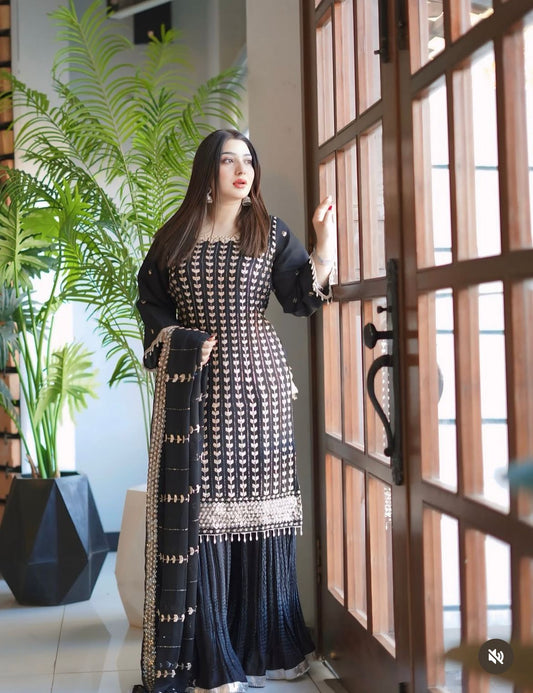 FOX GEORGETTE TOP-SARARA AND DUPATTA SET FULLY STITCHED READY TO WEAR WHOLESALE GEELAN FASHION SURAT