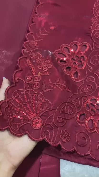 PREMIUM DESIGNER MAROON EMBROIDERED ORGANZA PAKISTANI SUIT WITH ORGANZA DUPATTA | GEELAN FASHION