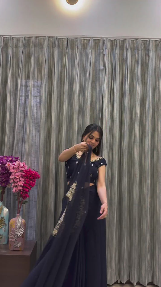 EXCLUSIVE READYMADE 2 STYLES HAND WORKED DRAPE SAREE ON FAUX GEORGETTE FABRIC WITH STITCHED BLOUSE