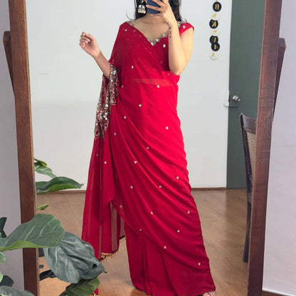 EXCLUSIVE READYMADE 2 STYLES HAND WORKED DRAPE SAREE ON FAUX GEORGETTE FABRIC WITH STITCHED BLOUSE